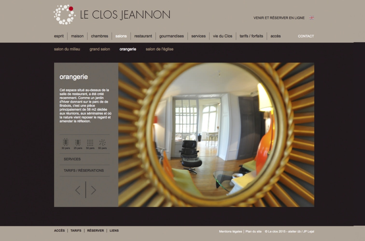 Page Salon Orangerie. Possibilité de réserver via le site internet